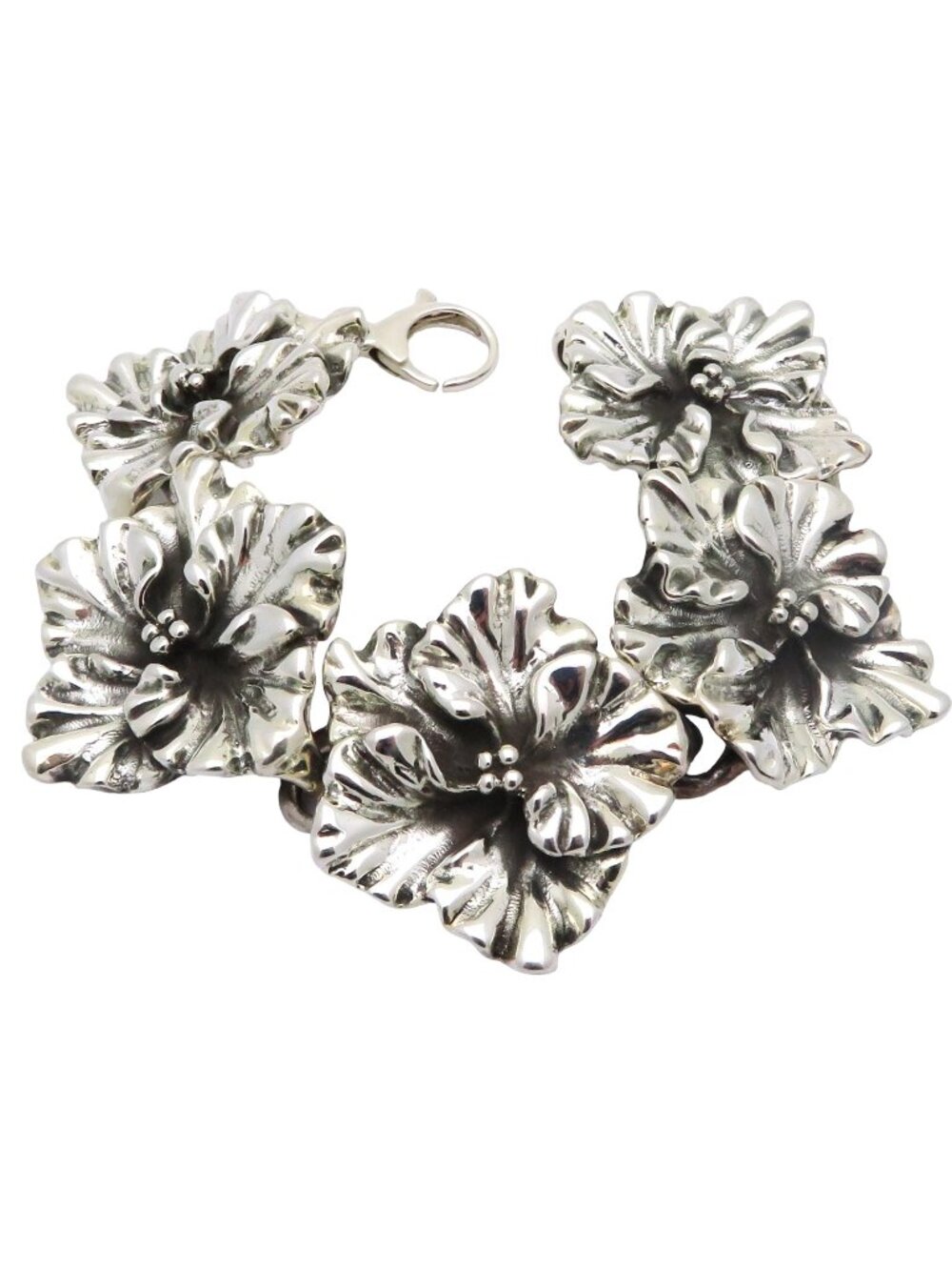 Vintage Chunky 925 Sterling Silver Hibiscus Flower Link 8" Bracelet THAI BT 30g.
